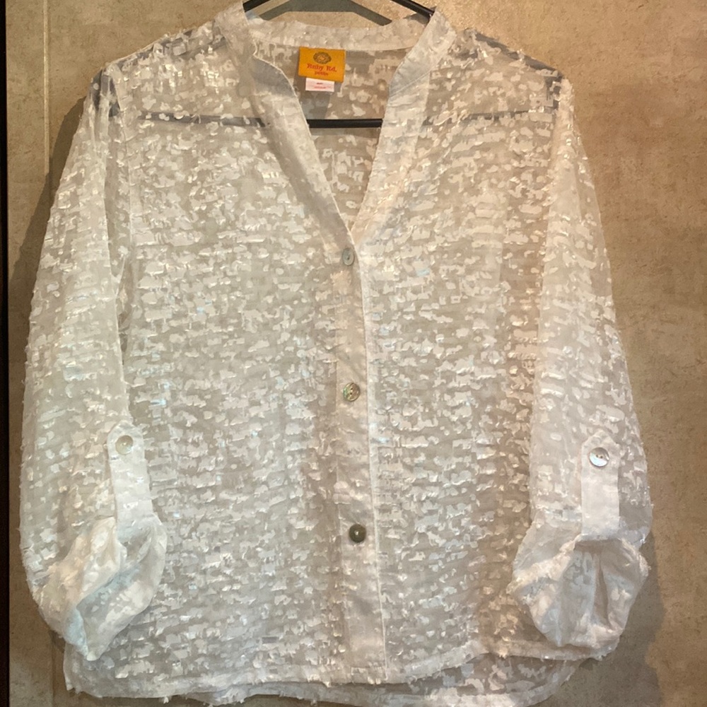 Ruby Rd. 3/4 length sleeved sheer white blouse, petite ladies size 8.